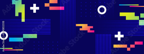 Dark blue background with vibrant neon yellow, pink, and cyan geometric glitch elements and thin vertical lines