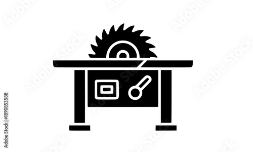 Table saw icon, industrial circular saw machine for woodworking, electric power tool for carpentry and timber cutting, professional workshop equipment symbol, solid black vector illustration on white