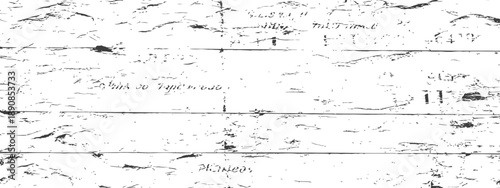 Distressed vector texture overlay black and white grunge wood background weathered planks with faint writing scratches and cracks