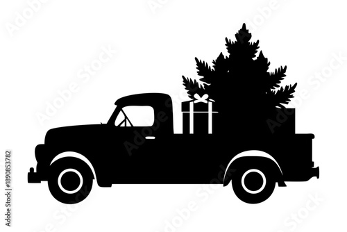 Vintage Pickup Truck Carrying Christmas Tree and Gift Box Silhouette Vector Icon