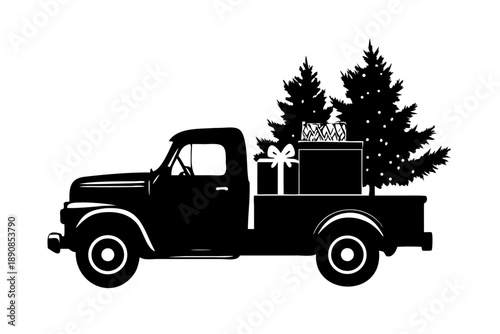 Vintage Pickup Truck Carrying Christmas Tree and Gift Box Silhouette Vector Icon