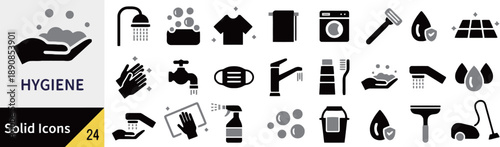 Hygiene and cleanliness icons set in monochrome and blue, featuring hand washing, showering, cleaning, and sanitizing actions