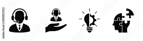 Icons representing customer support, assistance, and innovative ideas, featuring a headset operator, helping hand, lightbulb with gear, and puzzle head concept, conveying service and creativity.