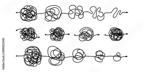 Illustrations depicting complex tangled lines and scribbled paths transforming into straight arrows symbolizing difficult and straightforward processes