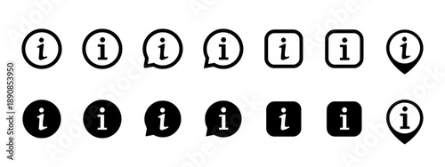 Information icon set in various shapes including circle square speech bubble and location pin styles with thin line and solid fill versions for user interface and support help desk documentation