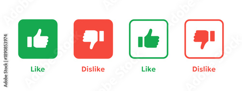 Like and dislike icons, representing approval and disapproval. Features thumbs up and thumbs down symbols in filled green and red colors, with outline variations for social media and feedback.