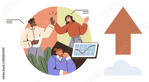 Business teamwork, goal setting, positive growth, communication, analytics, workplace success. A diverse team collaborating near a chart and growth arrow. Teamwork and business growth concept