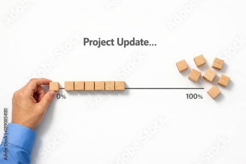Progress Bar of Project: A visual representation of a project's evolution, with a person adding the final block to complete the process. This image signifies accomplishment, growth.