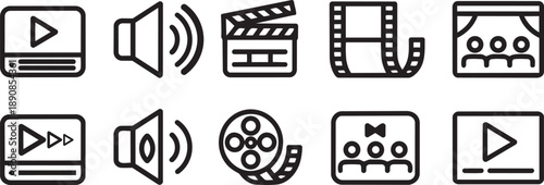 A comprehensive collection of black outline icons representing various media and video elements