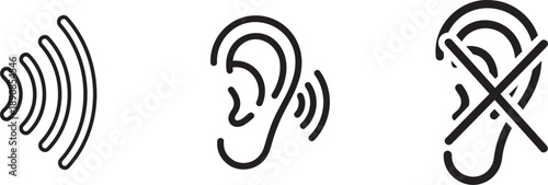 Sound and hearing icons set showing audio waves, listening ear and mute symbol for communication concepts