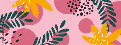 Playful pink background decorated with dark green leaves and black dotted patterns for social media