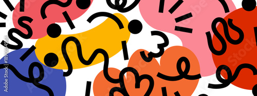 Fun and energetic Memphis inspired pattern with bold black lines and vibrant organic blobs