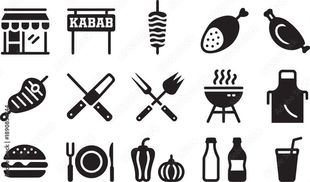 Obraz premium A comprehensive set of black flat icons representing delicious kebab and various barbecue cooking elements