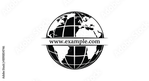 A stark black and white illustration depicts a world globe intersected by a website address www example com high quality professional detailed