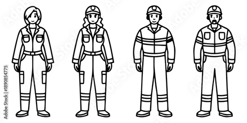 Vector flat illustration set of line art female and male paramedic emergency medicals in uniform poses