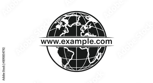 A black and white illustration depicts a globe overlaid with longitude and latitude lines and a website address