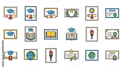 Education icons with graduation caps.
