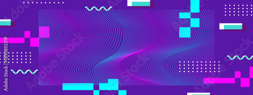 Modern glitch style abstract background in purple with digital waves pixels and geometric Memphis design elements