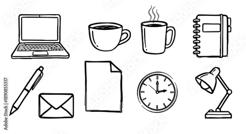 Office supplies and equipment for working at desk. Laptop computer, coffee cup, notebook, pen, envelope, paper sheet, clock, and desk lamp.