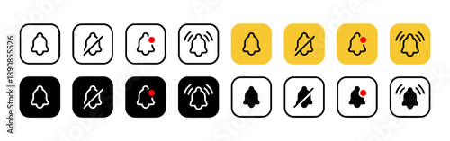 Notification bell icon set with different states for alerts and reminders including silent mode and active ringing variations on yellow and black backgrounds essential communication icons
