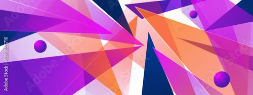 Dynamic composition of overlapping translucent purple and orange triangles with 3D spheres for a futuristic look