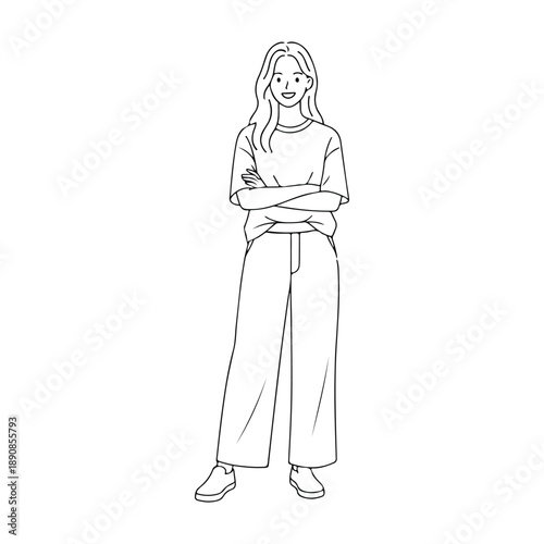 Minimalist vector drawing of a girl wearing trendy baggy outfit with crossed arms pose