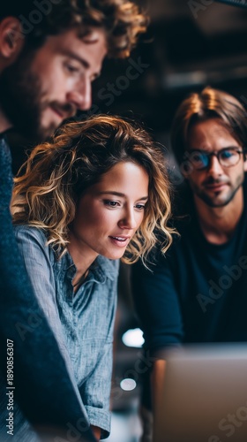 Group of three people looking at computer screen in indoor setting during evening time
