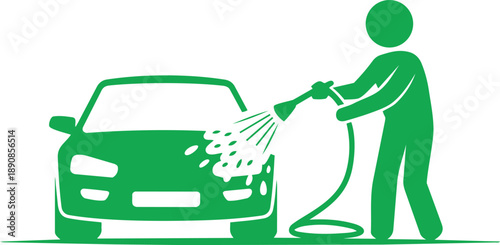 Green stick figure person actively washing the front of a car with a hose and soapy water