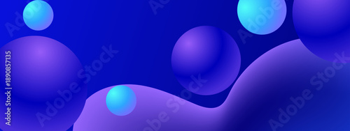 High quality 3D render of blue spheres and fluid liquid waves on a gradient background for modern web design