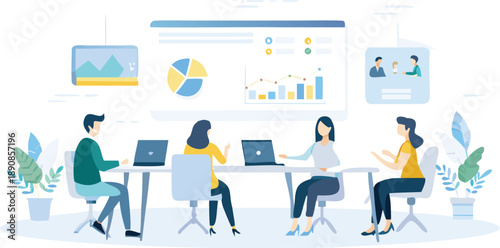 Flat illustration of four business professionals in a modern office meeting room with laptops and graphs on screen