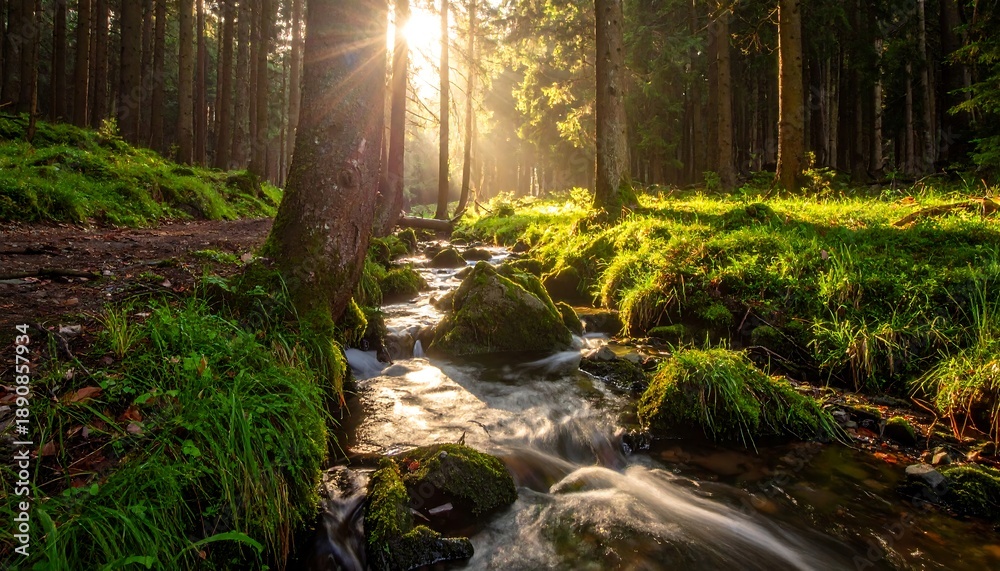 Obraz premium Sunlight streams through trees, reflecting off a flowing stream in a forest