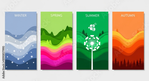 Four Seasons Wall Art - Abstract Landscape Illustrations Representing Winter, Spring, Summer, and Autumn
