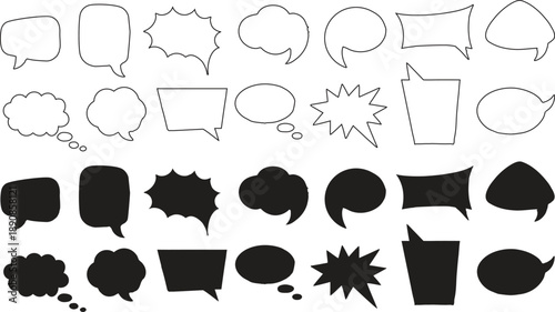 Speech bubble shapes set in outline and solid styles. Cartoon dialog and thought balloons suit modern communication graphics. Perfect for comics apps social posts presentations and creative design.