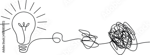 Light bulb idea sketch evolving from chaos to clarity. Hand drawn line art shows creative thinking and problem solving. Ideal for innovation concepts presentations education and branding visuals.
