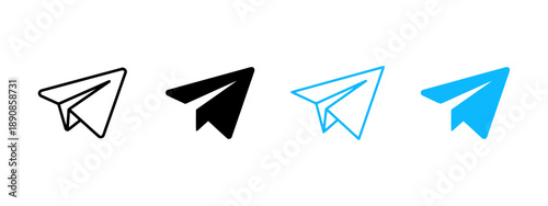 Paper airplane icon set representing messages and travel in multiple styles outline solid black and bright blue designs for sending communication and navigation concepts modern graphic elements