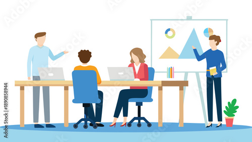 Flat illustration of a diverse team collaborating on a professional presentation in a modern office setting with laptops and whiteboard
