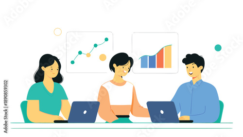 Stylized office team collaboration with laptops and graphs on screen in modern flat design