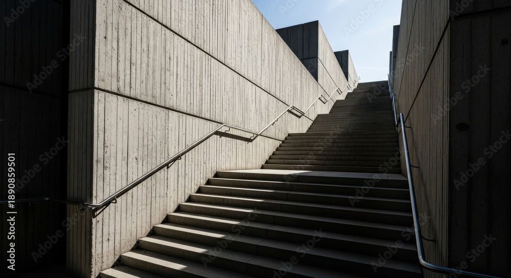 Fototapeta premium Geometric outdoor staircase ascends between stark concrete walls under bright sunlight