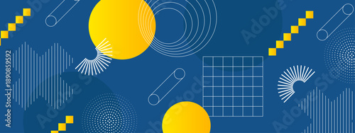 Modern geometric composition featuring yellow circles and white linear elements on a dark blue backdrop