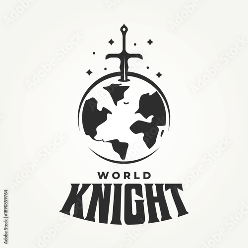 sword and earth line art icon logo vector illustration design. protect, defense, power logo concept