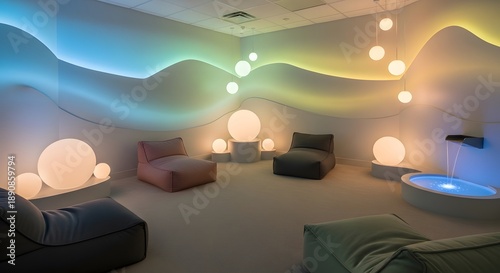 Modern sensory room with colorful lighting and comfortable seating