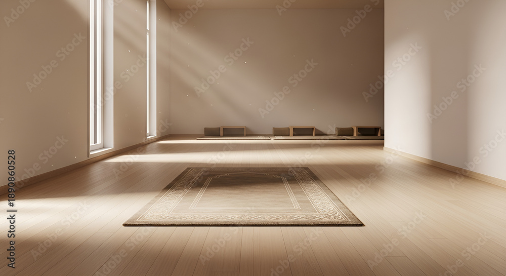 Fototapeta premium Empty prayer room with soft natural light and simple interior, creating a peaceful and spiritual atmosphere suitable for reflection and calm concepts.