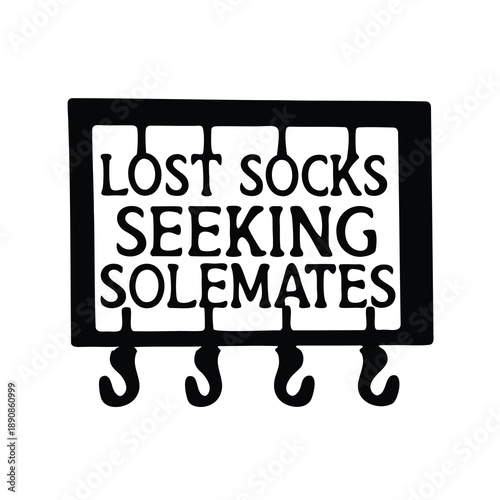 Black and white artwork of lost socks seeking sole mates on a hook rack