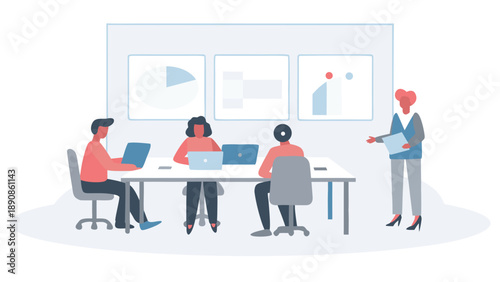 Flat illustration of a calm office collaboration scene with team members working on laptops and a presenter