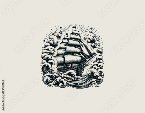 Vintage sailing ship illustration shows classic maritime vessel on stylized ocean waves