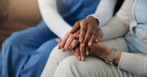Konstfotografi Caregiver, holding hands and people in home with comfort, understanding or empathy in assisted living
