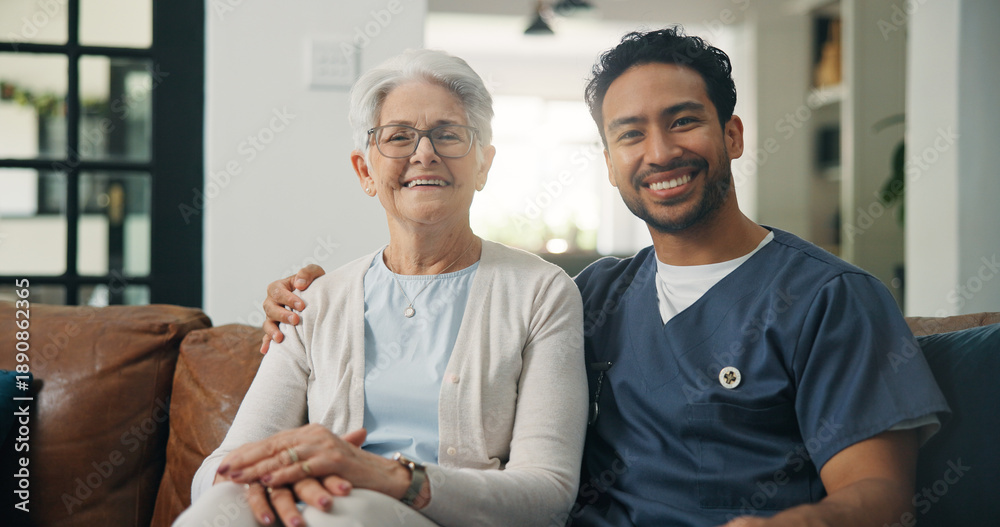 Obraz premium Happy man, portrait or senior patient with nurse for healthcare or assisted living together in home. Doctor, caregiver and smile with elderly woman or hug for health and wellness in retirement house