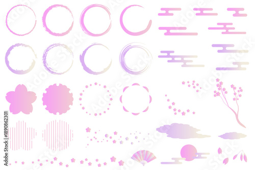 春をイメージした和風の装飾イラストセット　吉祥文様　筆丸　エ霞　桜