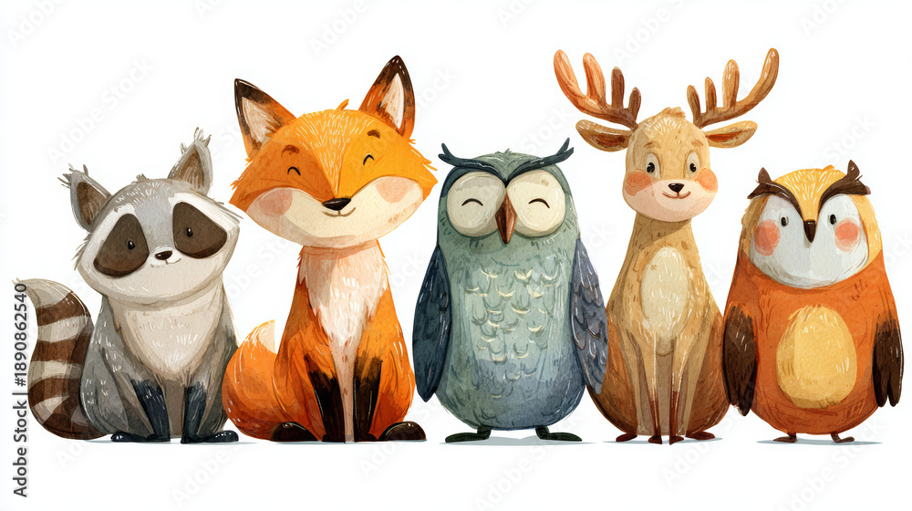Fototapeta premium Cute animal character woodland animal cartoon forest fox raccoon owl deer illustration children adorable