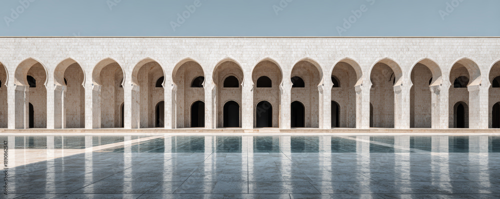 Obraz premium Arch arcade reflection symmetry courtyard pool mosque architecture Graceful arch arcade reflection symmetry courtyard pool mosque architecture